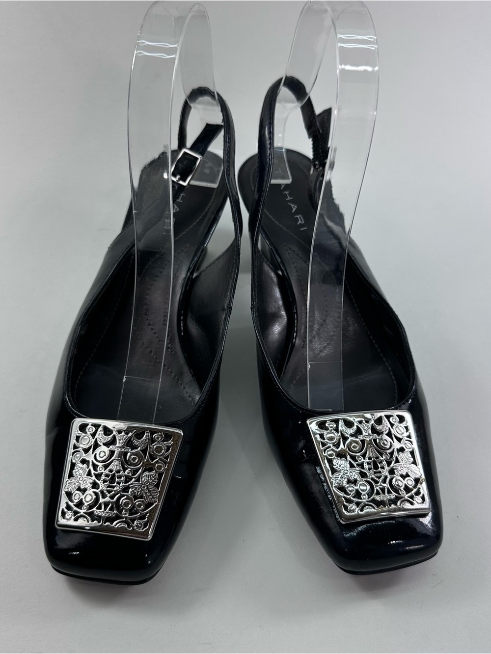 Tahari Black Patent Slingback Pumps with Silver Filigree Buckle